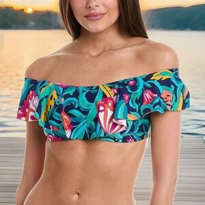 Trina Turk India Garden Off The Shoulder Ruffle Bandeau Swim Top Size 2 NWT Navy